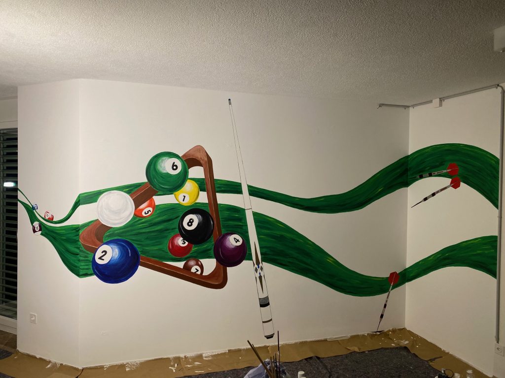 Wandbild Billard und Dart in progress - Acryl und Dispersion auf Wand